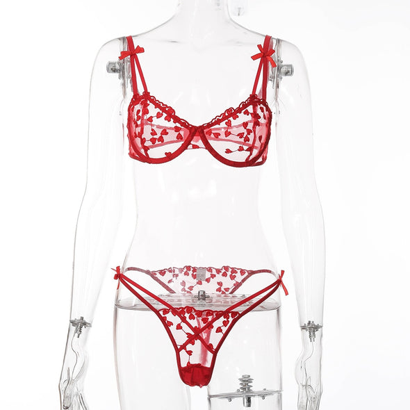 2 pcs heart embroidered lace bra set