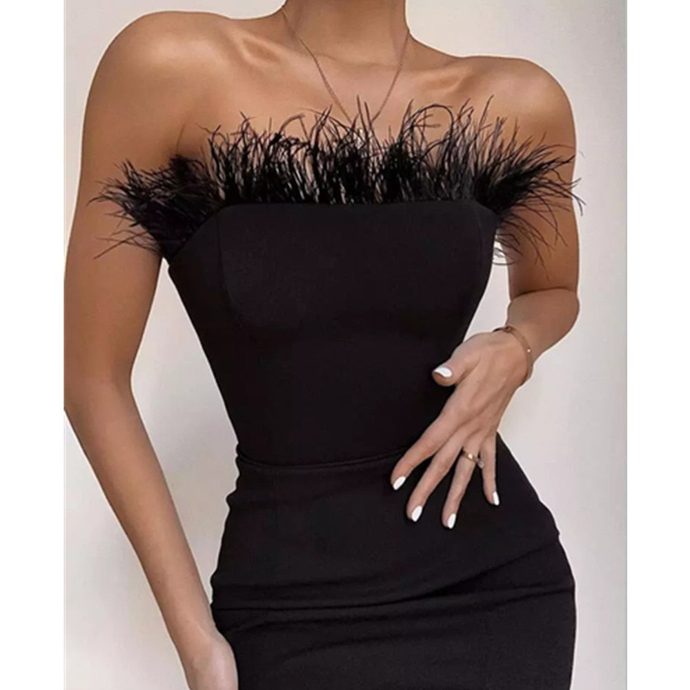 Summer Strapless Backless Feather Dress