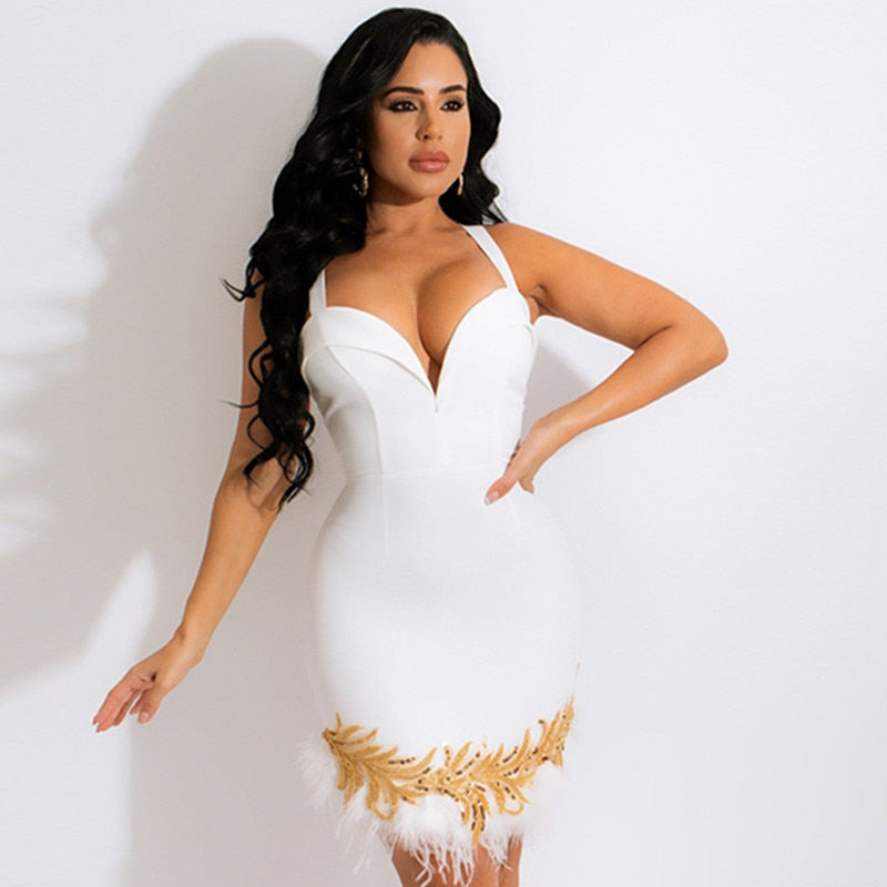 Glitter Feather White Mini Dress