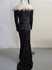 Feather Sequin Black Mermaid Dress