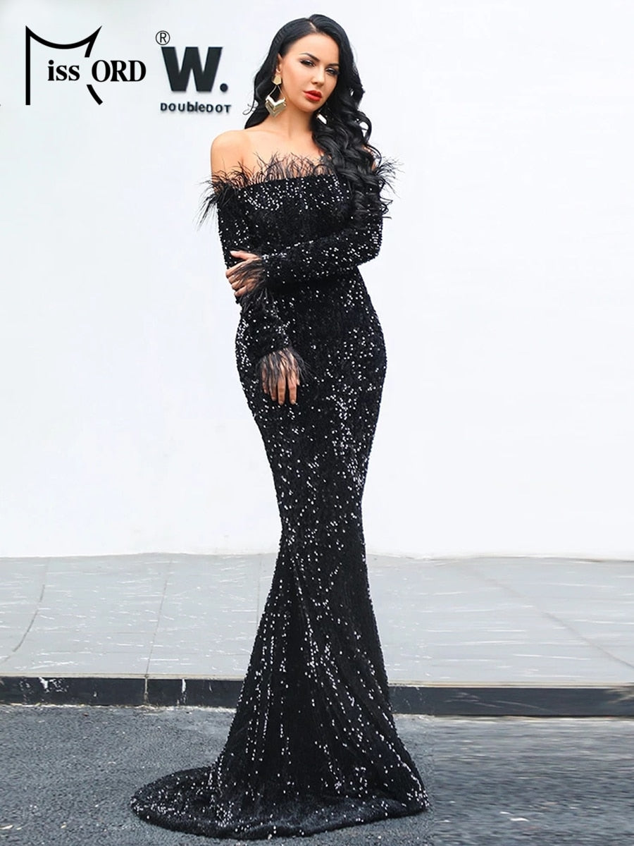 Feather Sequin Black Mermaid Dress UPSCALE LIFESTYLE Feather Sequin Black Mermaid Dress UPSCALE LIFESTYLE