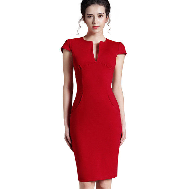 Vintage Solid Deep V neck Dress