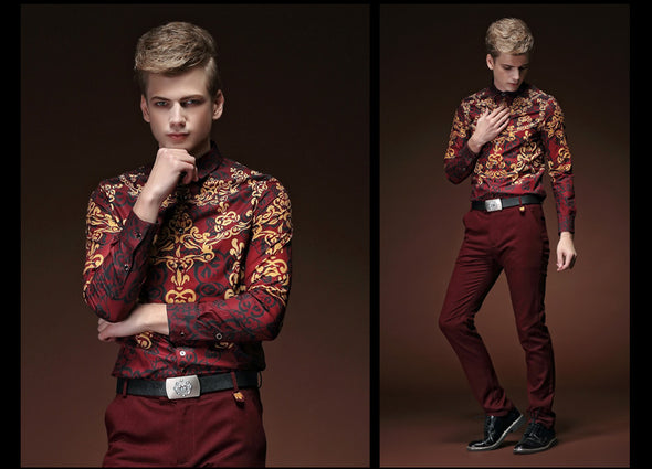 Red personality long sleeved men shirt
