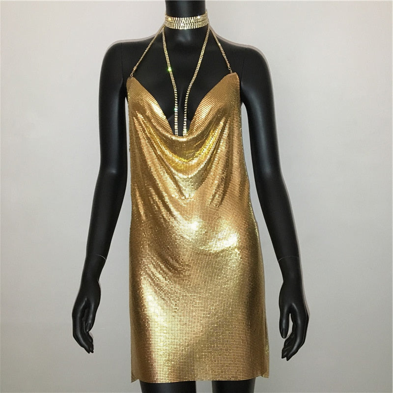 Sexy Gold Sequined Mini Dress