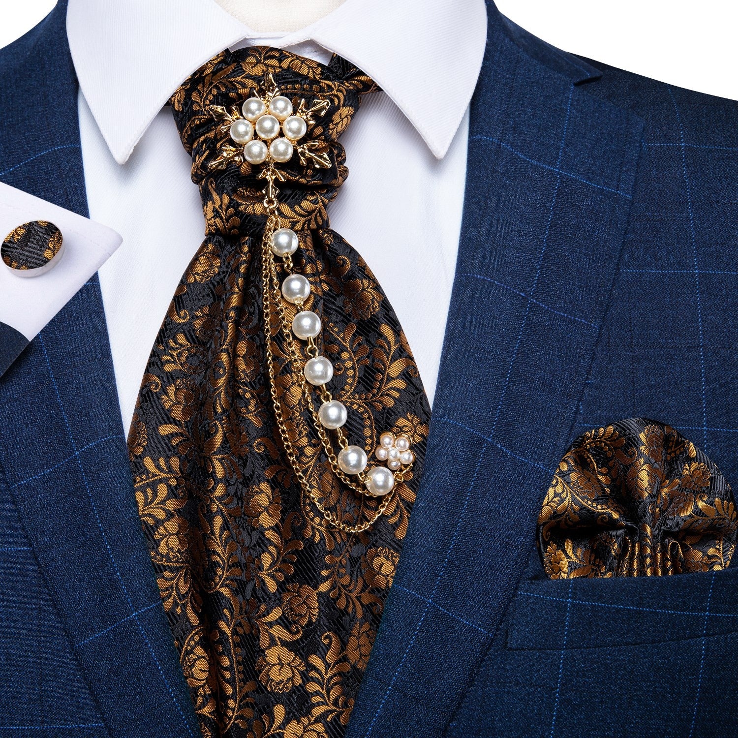 Premium Silk Ascot Tie Brooch Pin Set