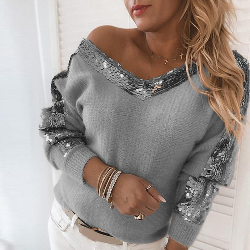 Stylish Loose Fit Hollow Out Sequin Grid Sweater