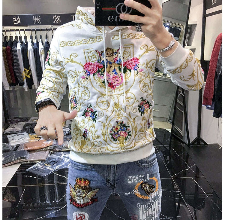 Flower Embroidery Hooded Men Sweatshirt
