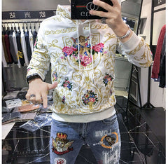 Flower Embroidery Hooded Men Sweatshirt