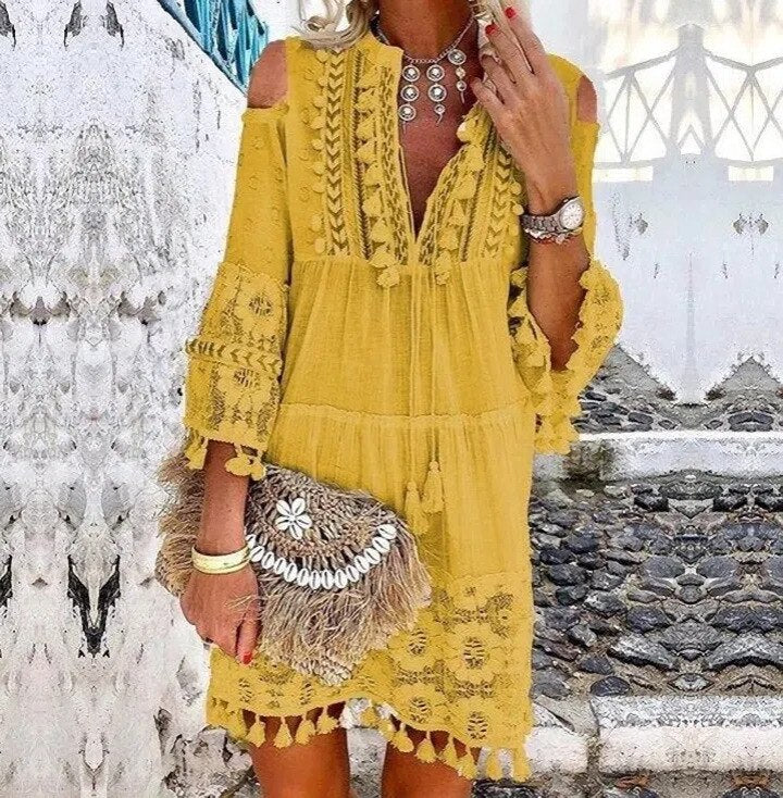 Sexy V-neck Loose Tassel Dress