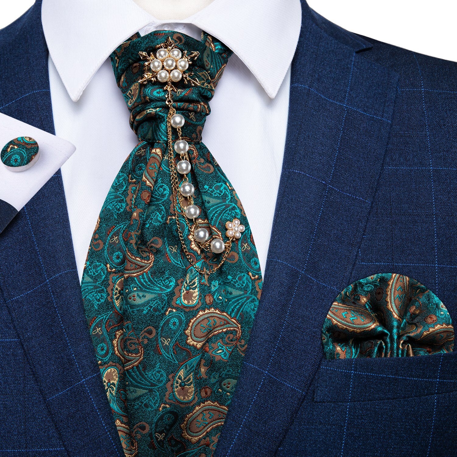 Premium Silk Ascot Tie Brooch Pin Set