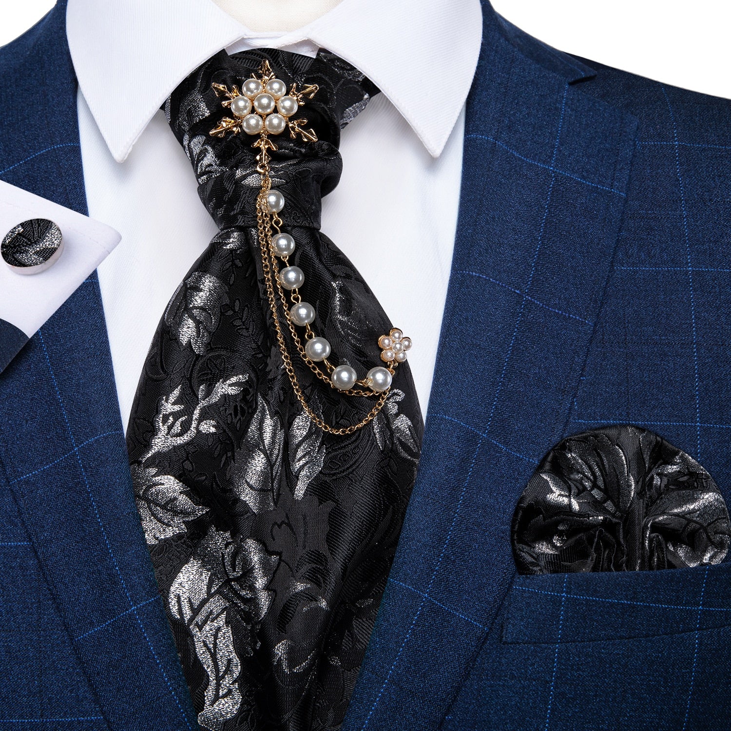 Premium Silk Ascot Tie Brooch Pin Set