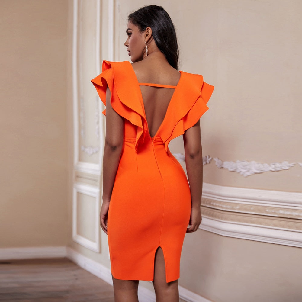 Deep V Neck Ruffles Dress