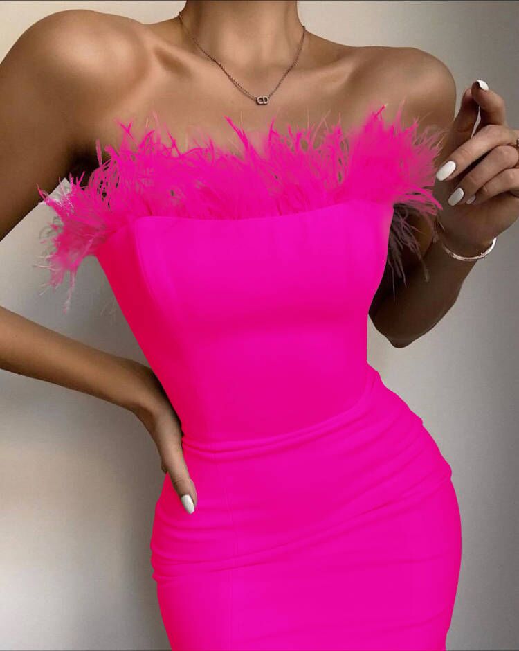 Summer Strapless Backless Feather Dress