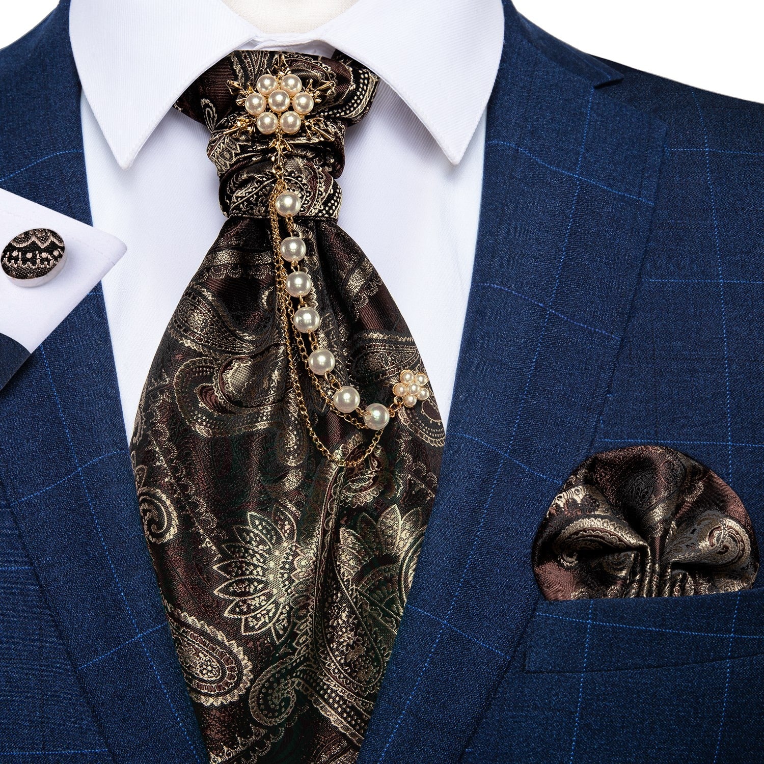 Premium Silk Ascot Tie Brooch Pin Set