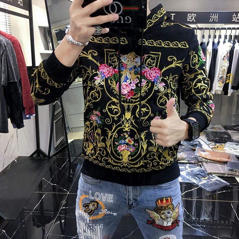 Flower Embroidery Hooded Men Sweatshirt