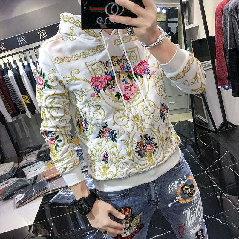 Flower Embroidery Hooded Men Sweatshirt