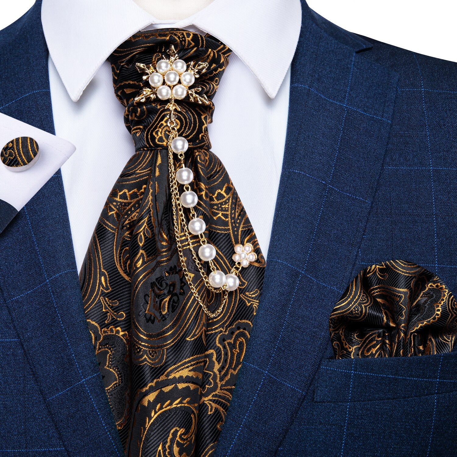 Premium Silk Ascot Tie Brooch Pin Set