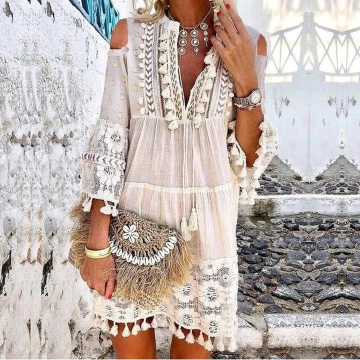 Sexy V-neck Loose Tassel Dress