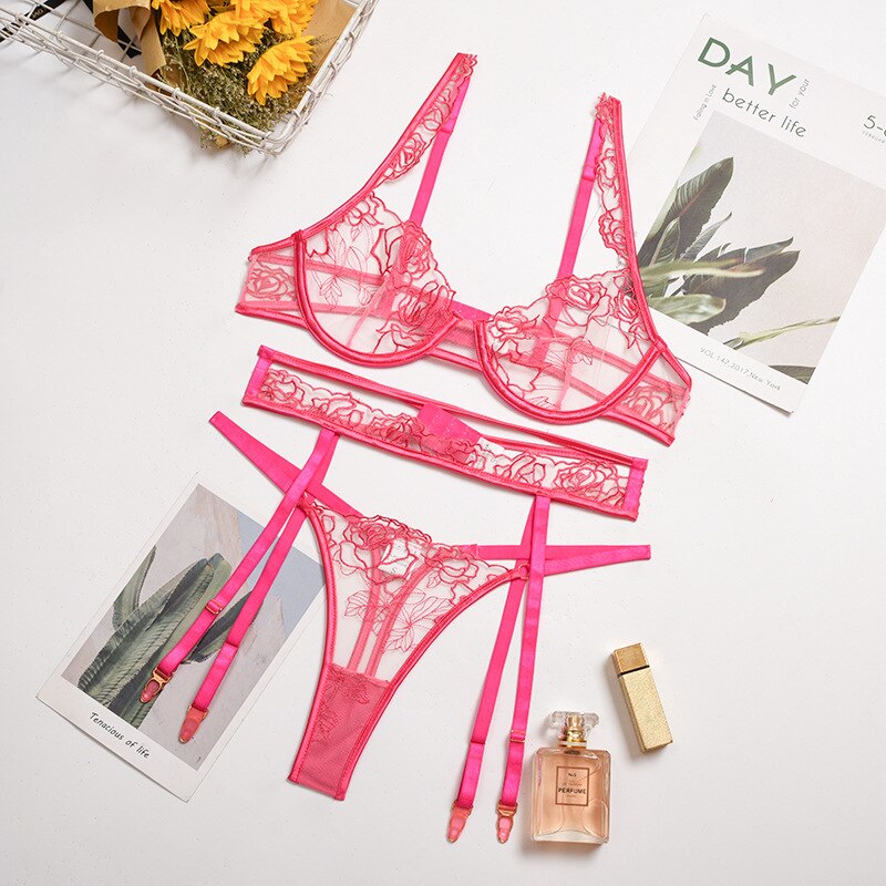 Embroidery 3-piece Lace Bra Set