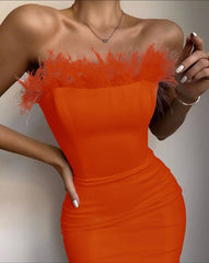 Summer Strapless Backless Feather Dress