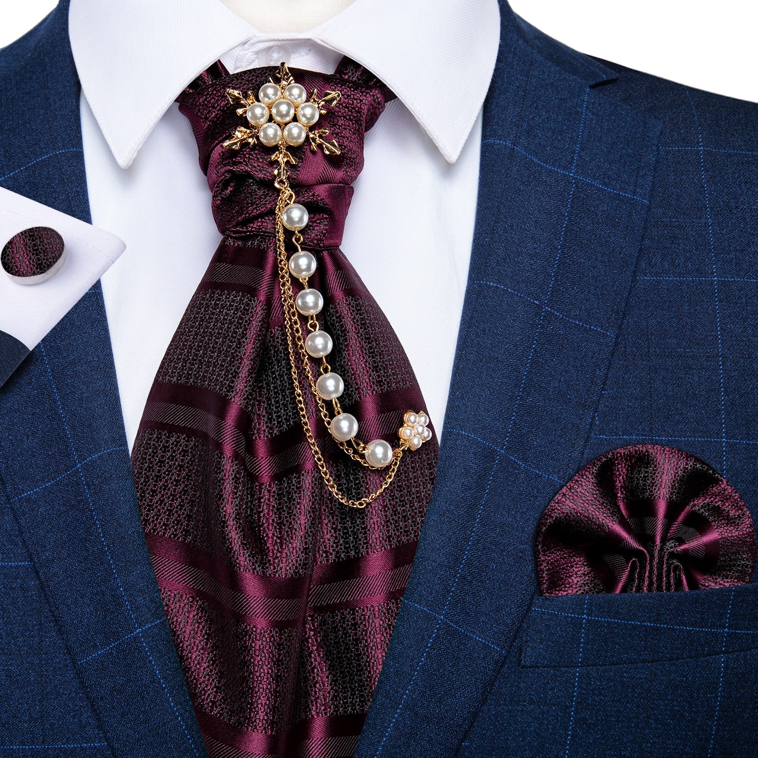 Premium Silk Ascot Tie Brooch Pin Set