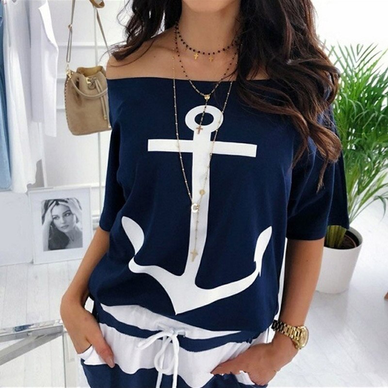 Slash Neck Print Blouse Shirt