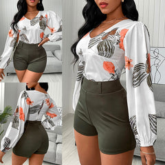 Tropical Print Long Sleeve Top & Shorts Suits