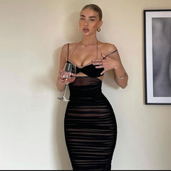 Townlike Elastic Mesh Tight Bandage Bodycon Dress Women 2021 Summer Halter Midi Dress With Lining Elegant Party Sexy Dresses