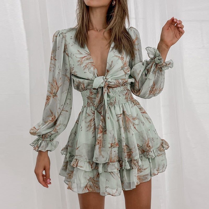 V Neck Chiffon Print Dress
