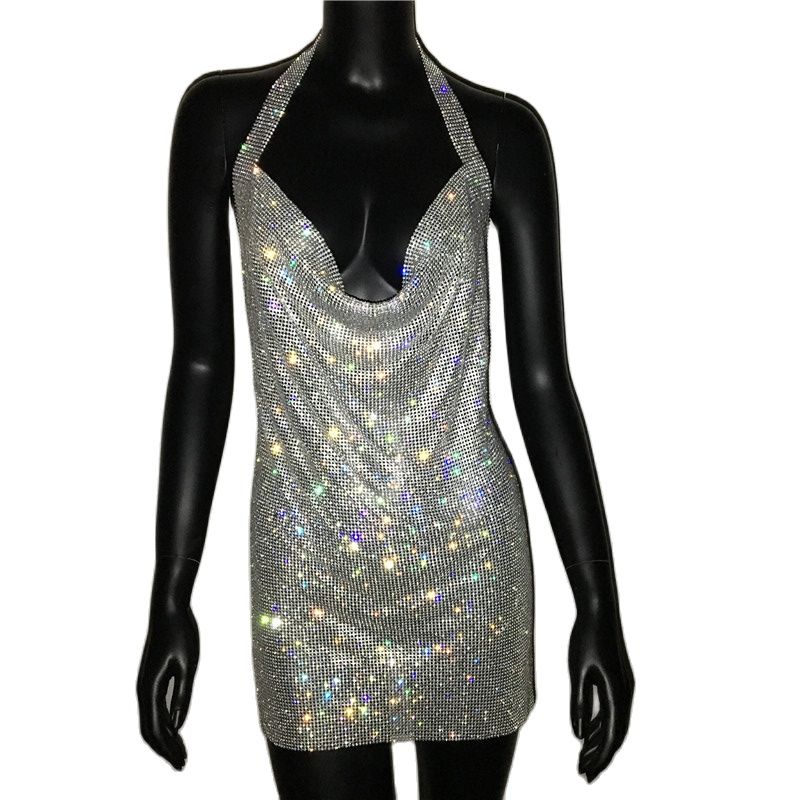 Deep V Neck Crystal Dress