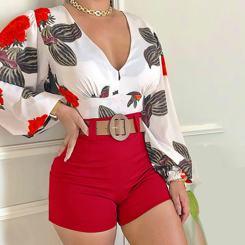 Tropical Print Long Sleeve Top & Shorts Suits
