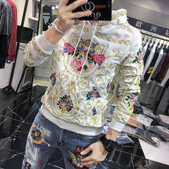 Flower Embroidery Hooded Men Sweatshirt
