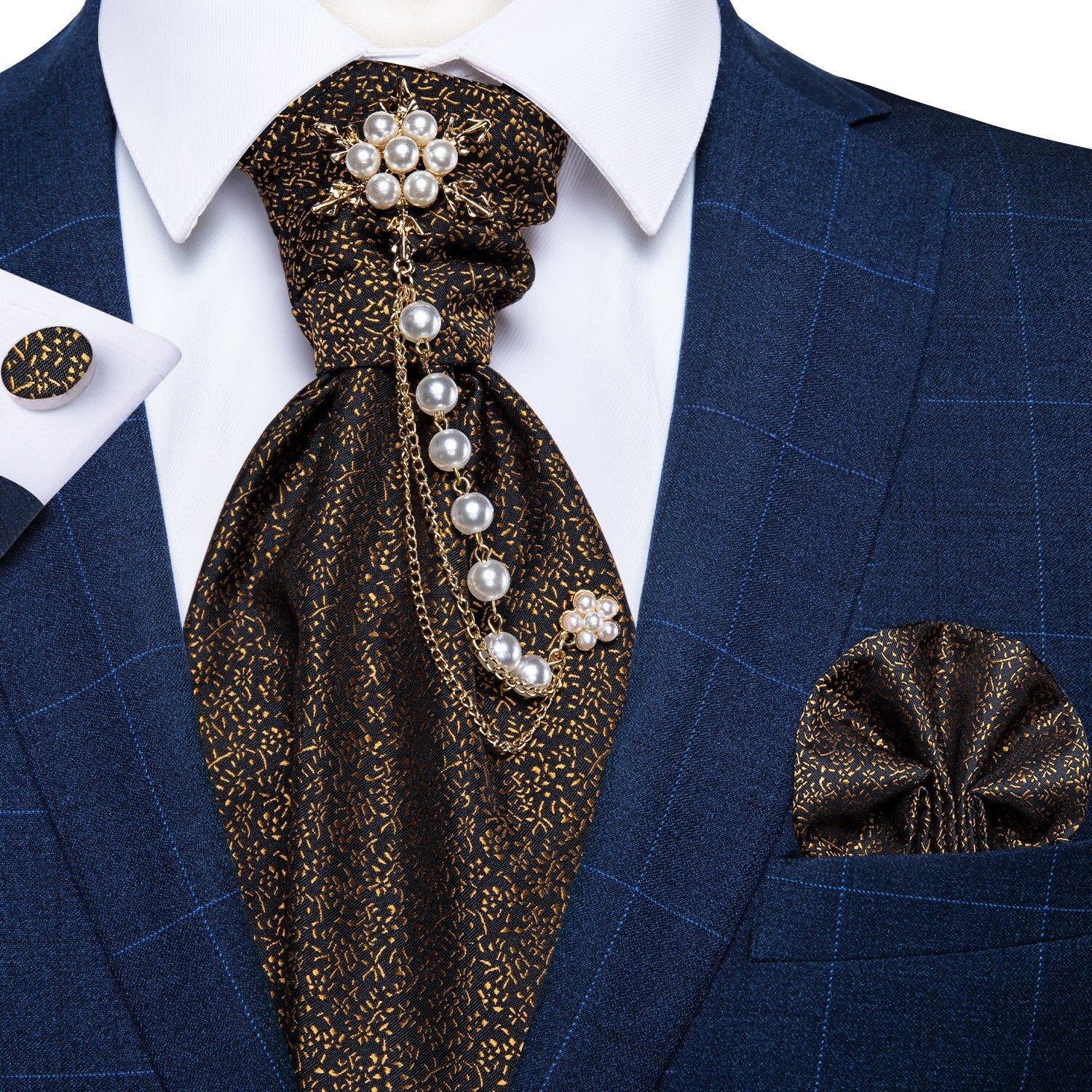 Premium Silk Ascot Tie Brooch Pin Set