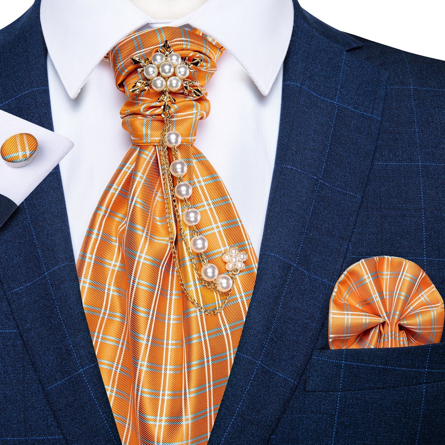Premium Silk Ascot Tie Brooch Pin Set