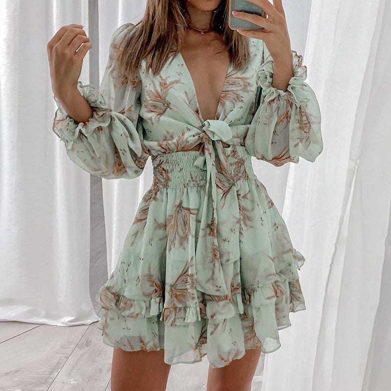 V Neck Chiffon Print Dress