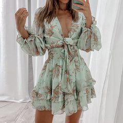 V Neck Chiffon Print Dress