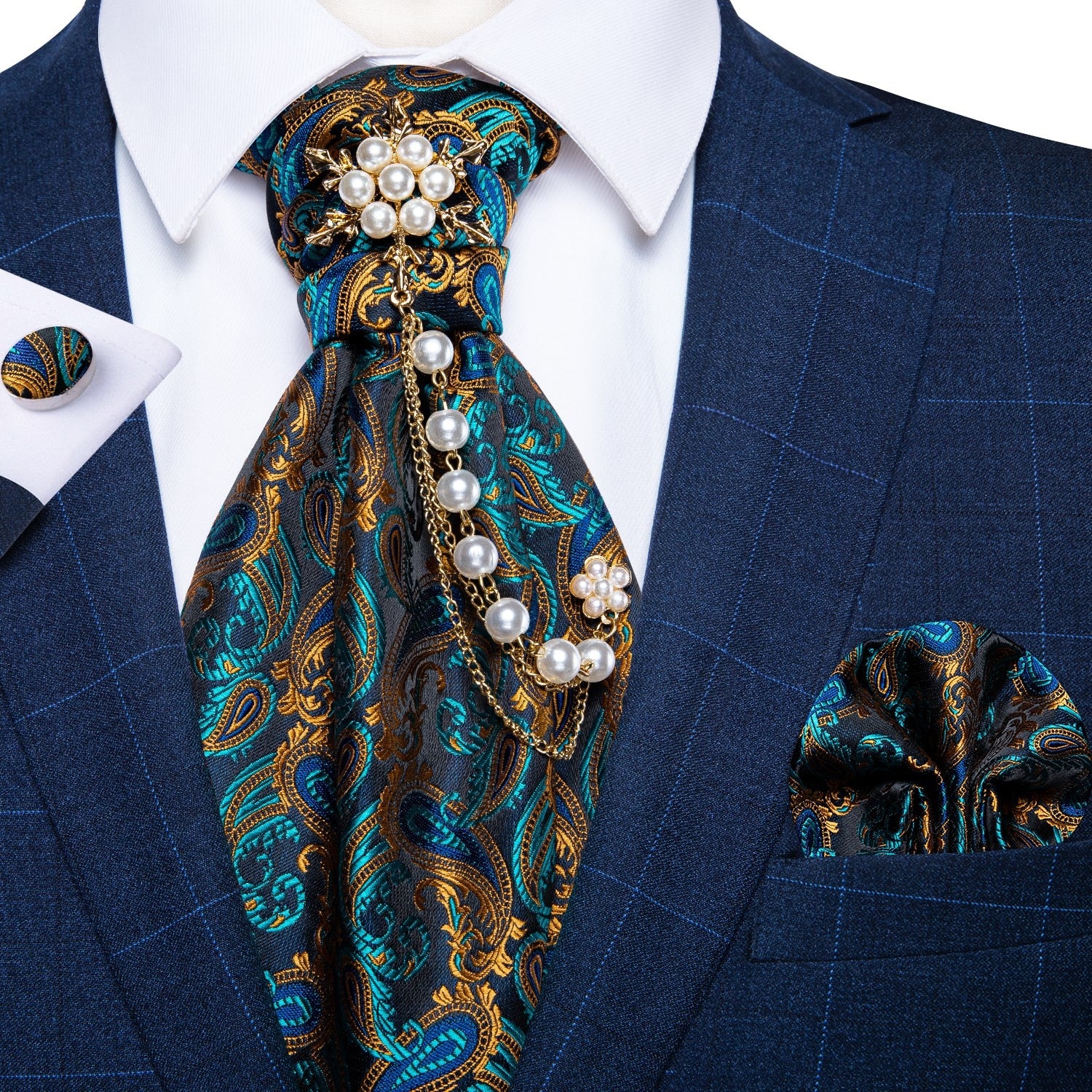 Premium Silk Ascot Tie Brooch Pin Set