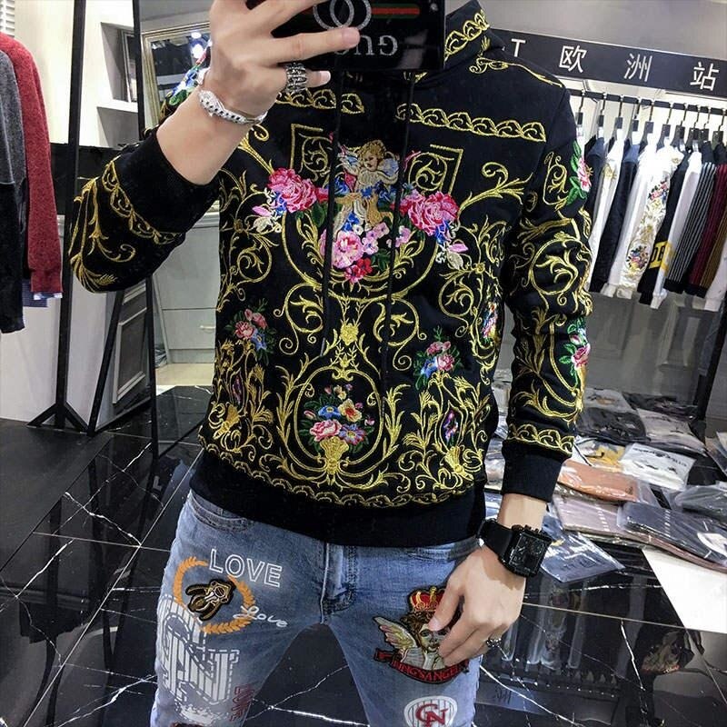 Flower Embroidery Hooded Men Sweatshirt