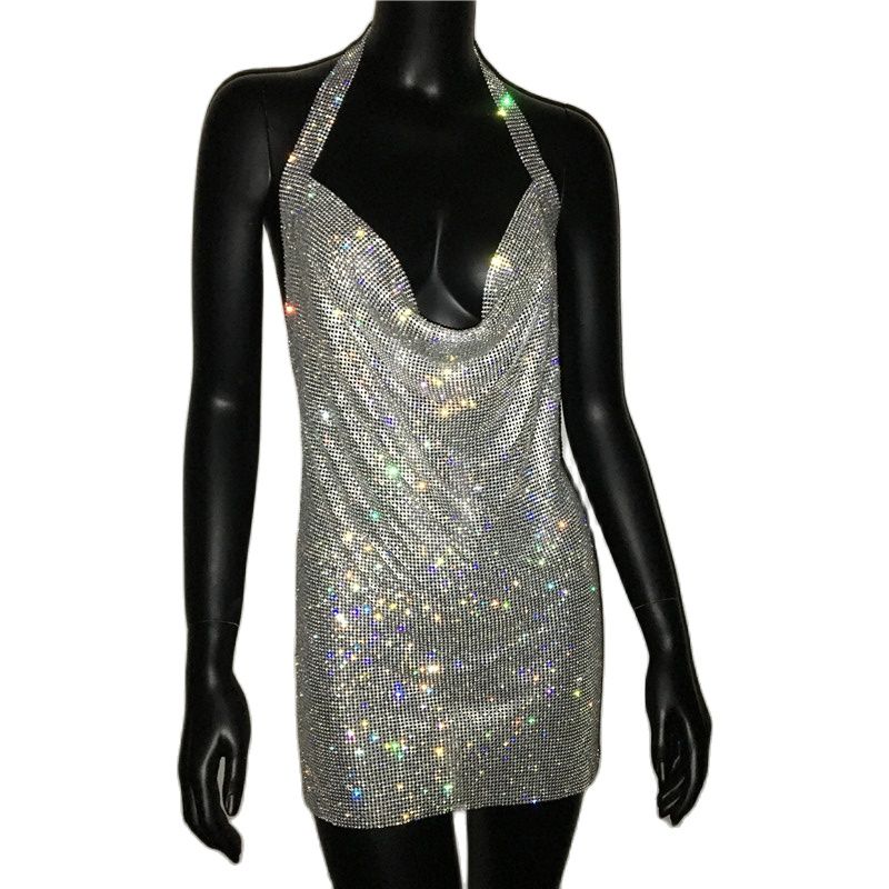 Deep V Neck Crystal Dress