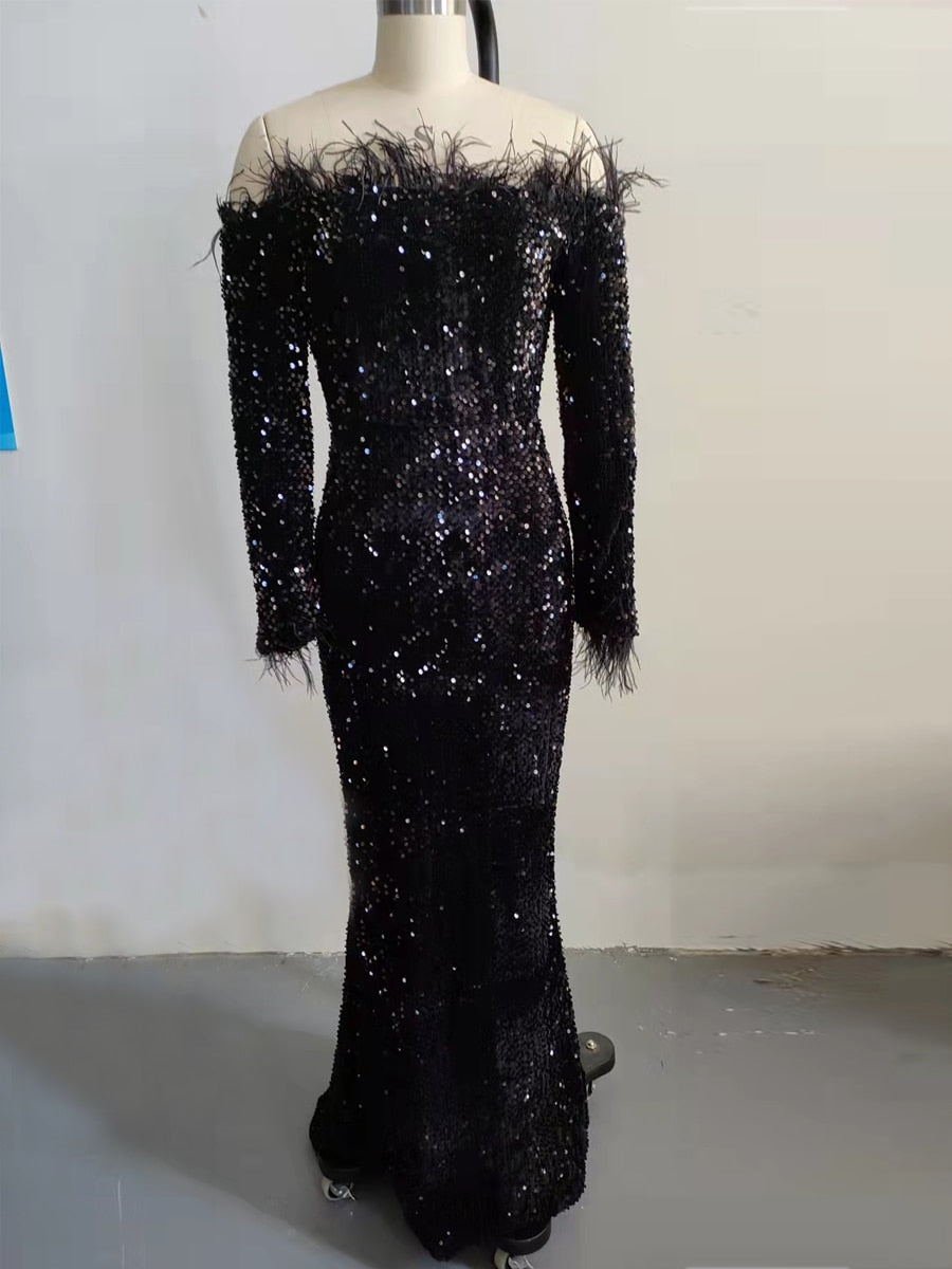 Feather Sequin Black Mermaid Dress UPSCALE LIFESTYLE Feather Sequin Black Mermaid Dress UPSCALE LIFESTYLE