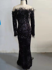 Feather Sequin Black Mermaid Dress