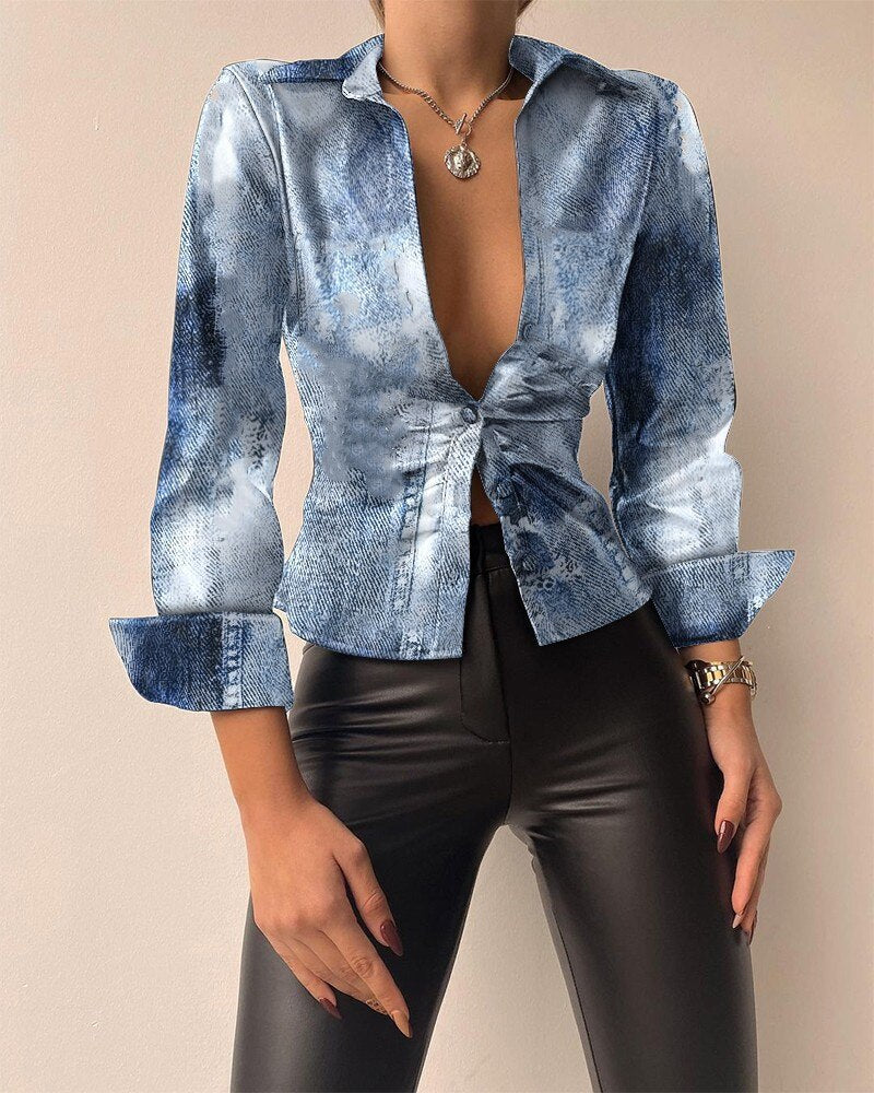 Buttoned Long Sleeve Mock Neck Blouse