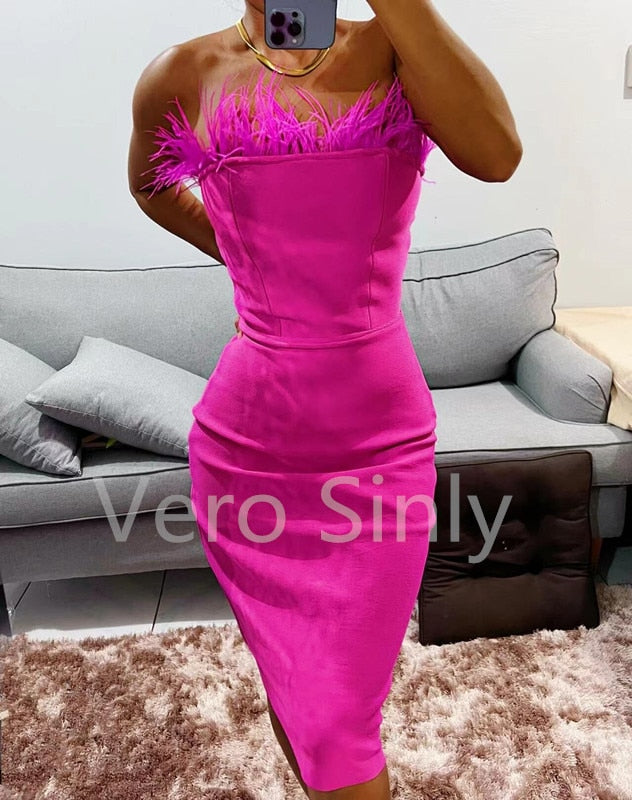 Summer Strapless Backless Feather Dress