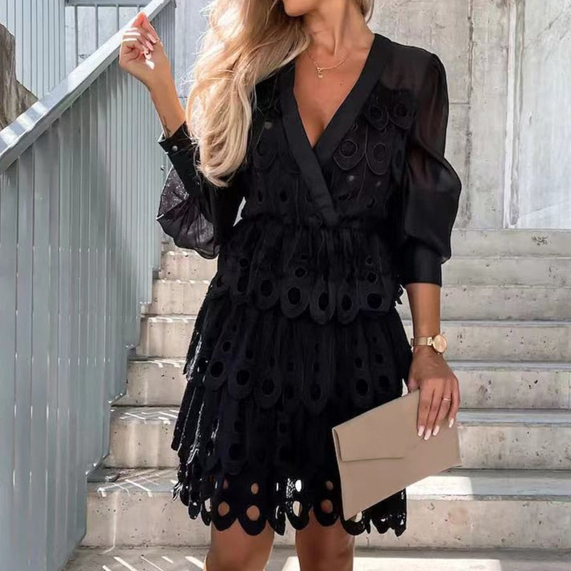 Solid Hollow Out Shirt Dress