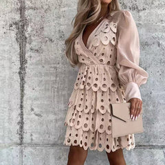 Solid Hollow Out Shirt Dress