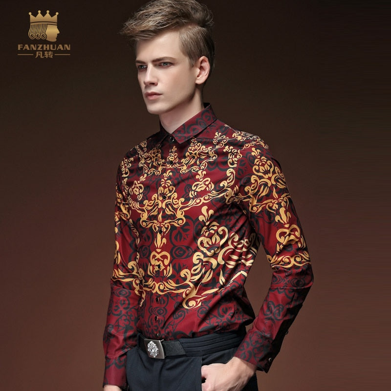 Red personality long sleeved men shirt